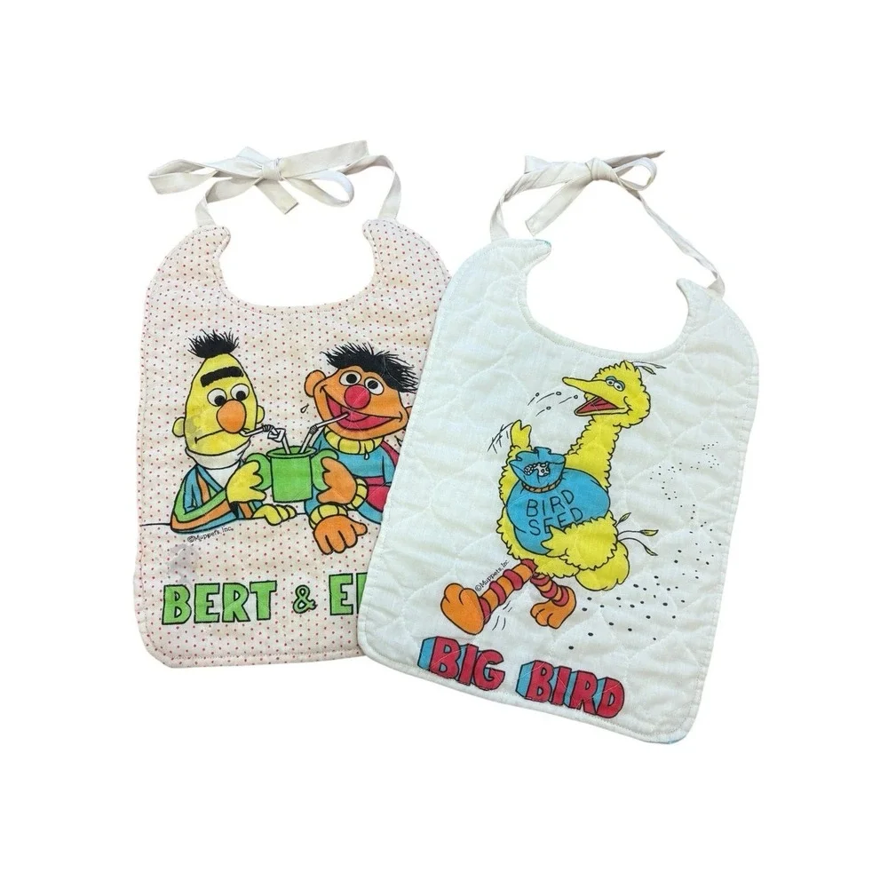Vtg Muppets Baby Bibs Set Of 2 Bert Ernie Big Bird Sesame Street Cotton Neck Tie
